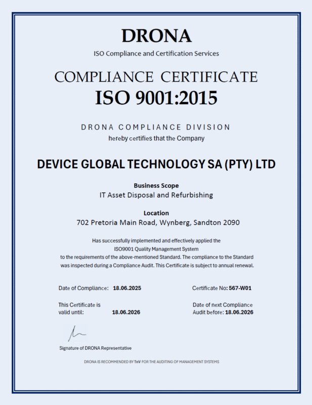 Drona ISO Compliance Certificate 9001