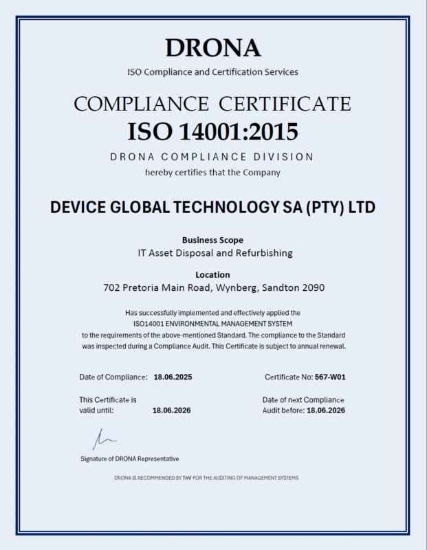 Drona ISO Compliance Certificate 14001
