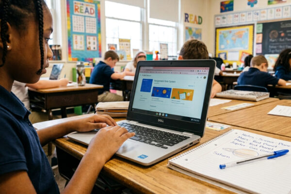 Pupil typing on a refurbished Dell Chromebook during a lesson in class