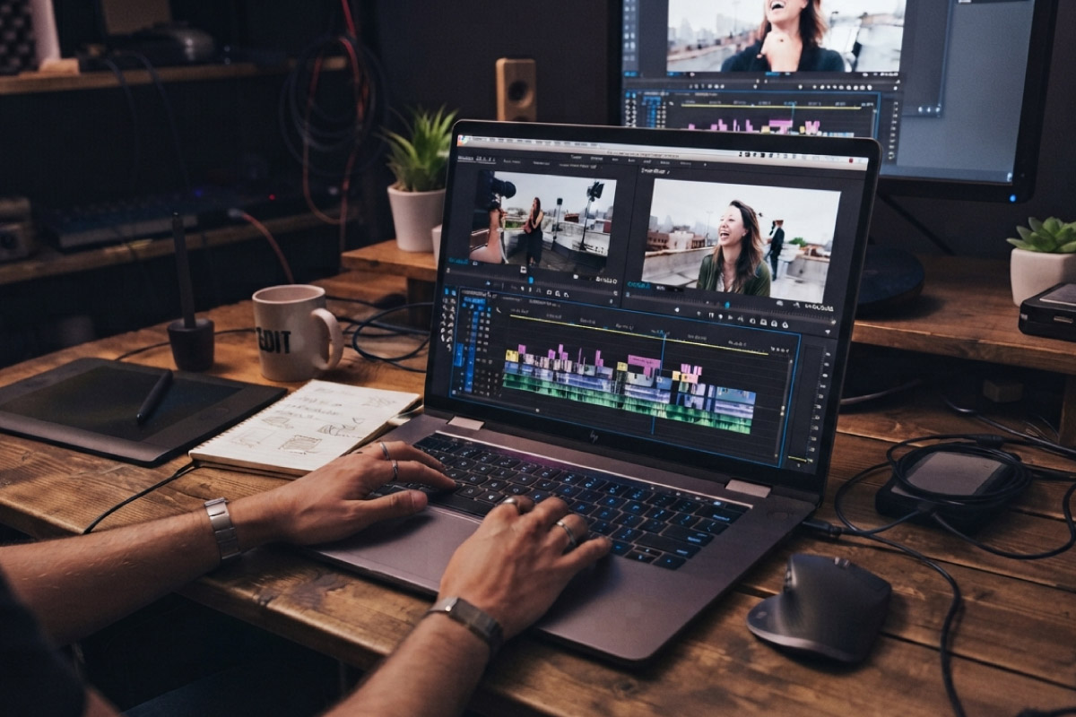 Hands editing a video timeline on a refurbished laptop with a second display