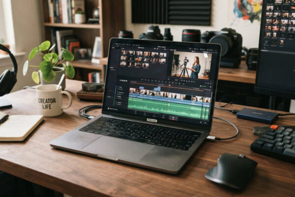 Refurbished laptop running video editing software on a creator's desk with camera gear