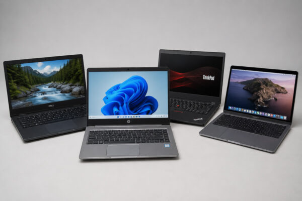 Refurbished Dell, HP, Lenovo ThinkPad and Apple MacBook laptops lined up for comparison