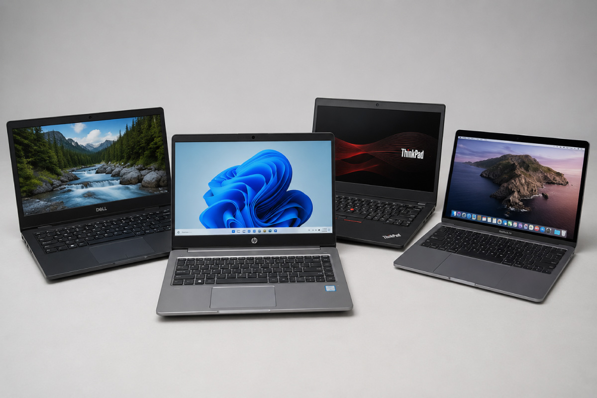 Refurbished Dell, HP, Lenovo ThinkPad and Apple MacBook laptops lined up for comparison