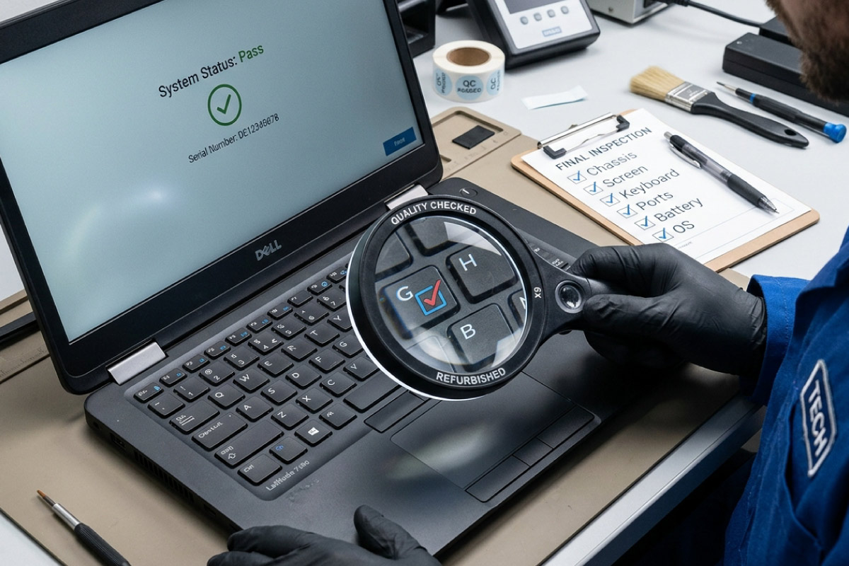 Technician inspecting a refurbished laptop keyboard with a magnifying glass against a quality checklist