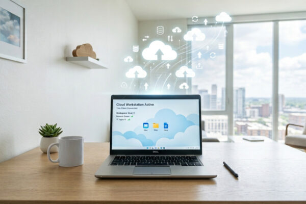 Refurbished Dell laptop connected to a cloud workstation session with cloud icons above the screen