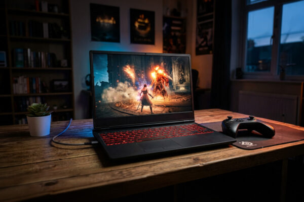 Refurbished gaming laptop with a red backlit keyboard running a AAA game beside a controller