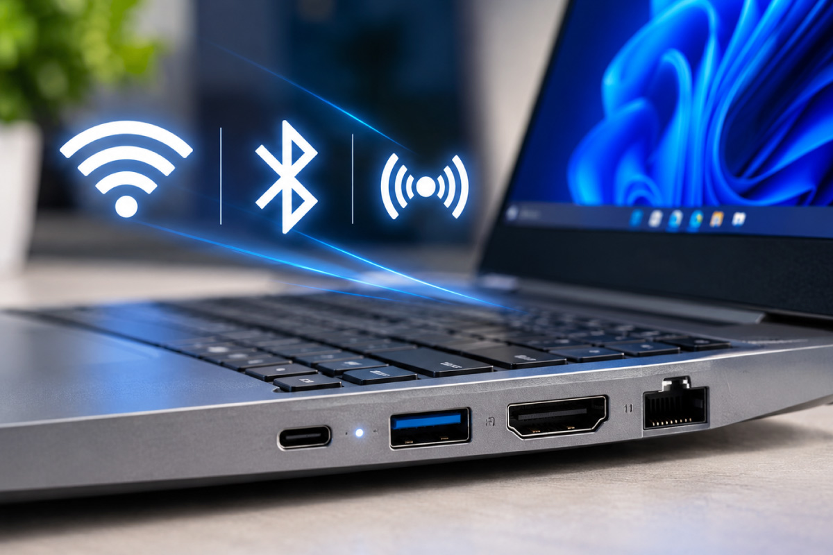 Close-up of USB-C, USB-A, HDMI and Ethernet ports on a refurbished laptop with Wi-Fi and Bluetooth icons