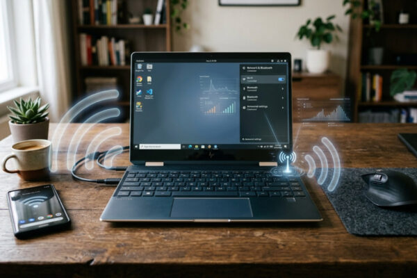 Refurbished laptop on a desk with Wi-Fi and Bluetooth signal graphics radiating from it