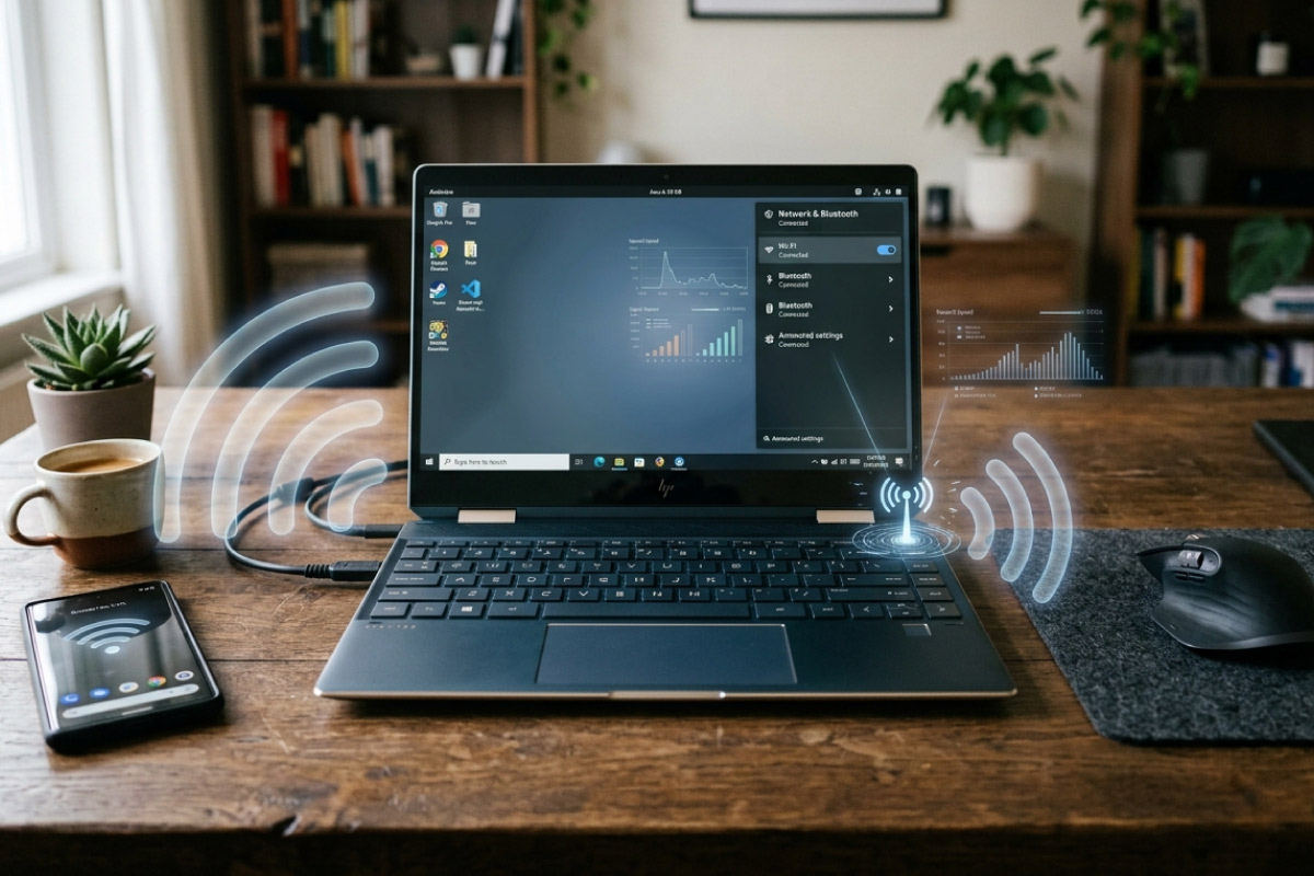 Refurbished laptop on a desk with Wi-Fi and Bluetooth signal graphics radiating from it