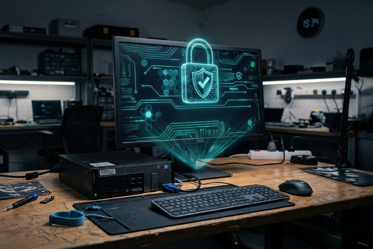 Glowing padlock data security graphic on a monitor in a refurbished computer workshop