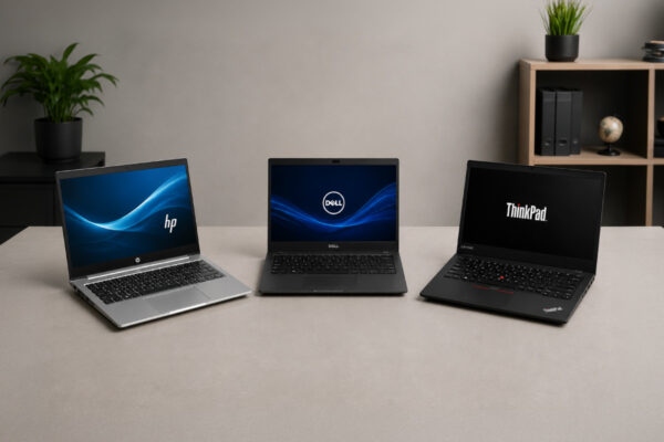 Refurbished HP EliteBook, Dell Latitude and Lenovo ThinkPad business laptops lined up side by side