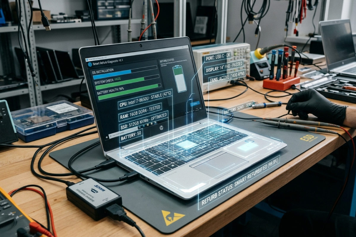 AI diagnostic overlay above a refurbished laptop being tested on a repair bench