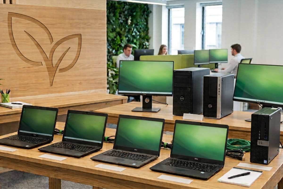 Row of refurbished laptops, monitors and desktops in an office all showing green screens