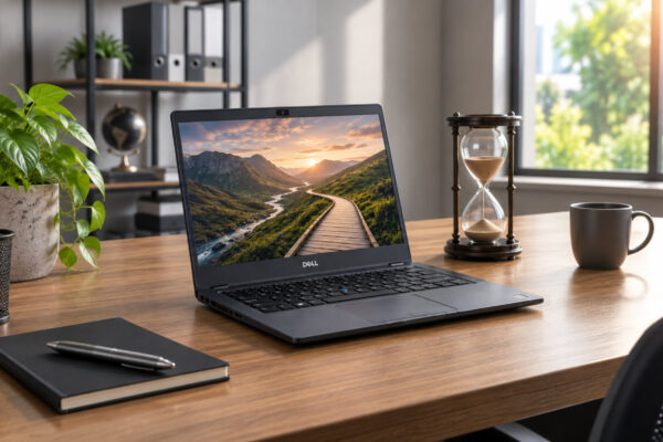 Refurbished Dell laptop showing a long winding road at sunset beside an hourglass