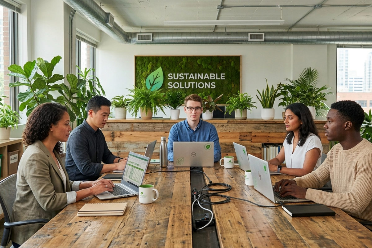 Team meeting on refurbished laptops beneath a Sustainable Solutions sign in a plant-filled office