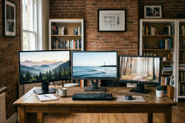 Three refurbished monitors set up side by side on a home office desk showing landscape wallpapers