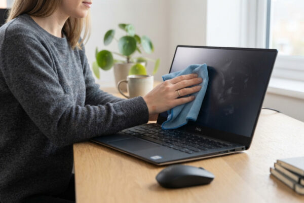 Person wiping a refurbished laptop screen clean with a blue microfibre cloth