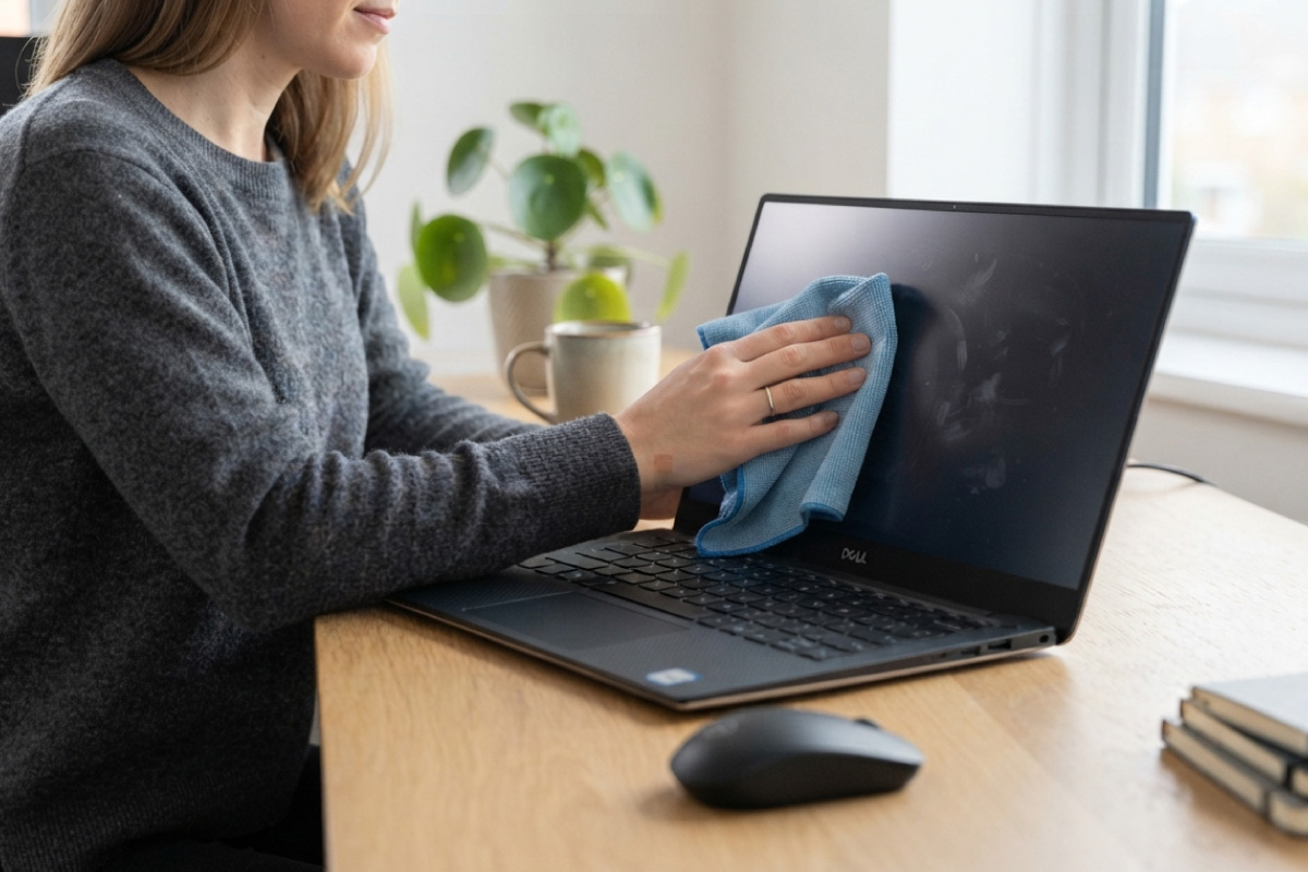 Person wiping a refurbished laptop screen clean with a blue microfibre cloth