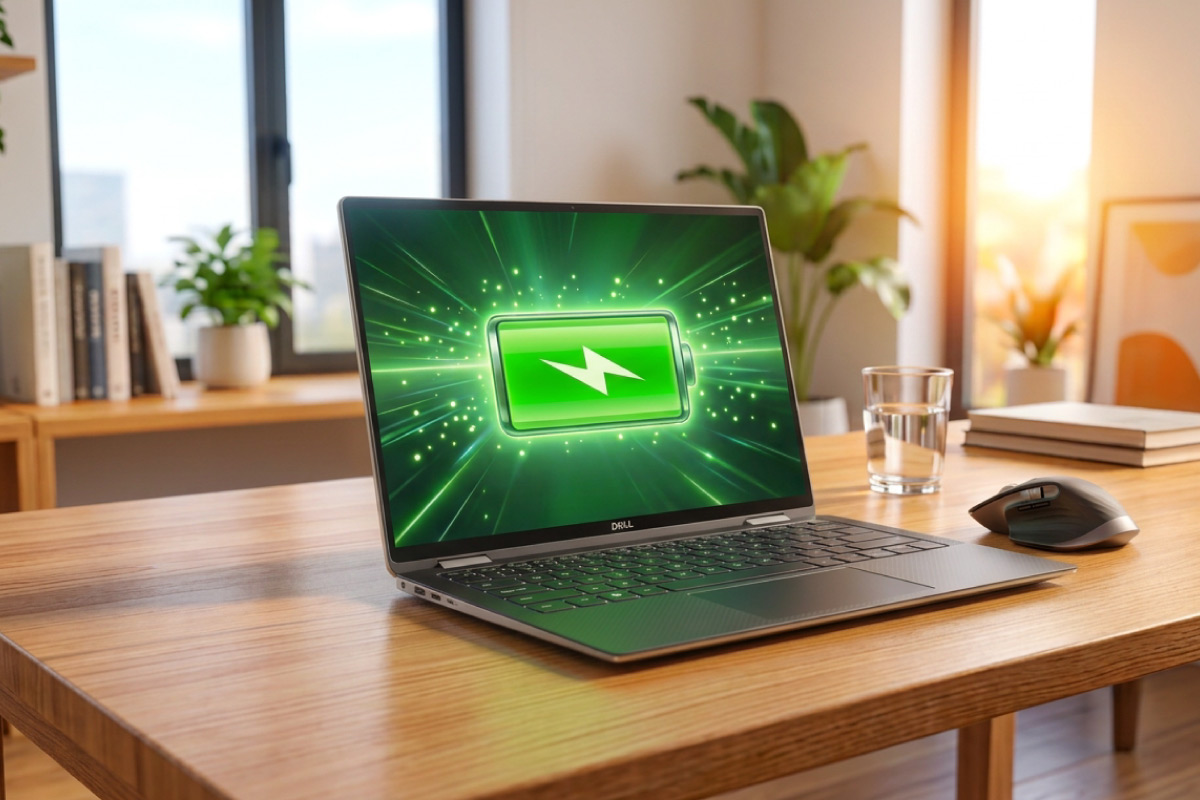Refurbished laptop on a desk displaying a green charging battery icon to illustrate improving battery life