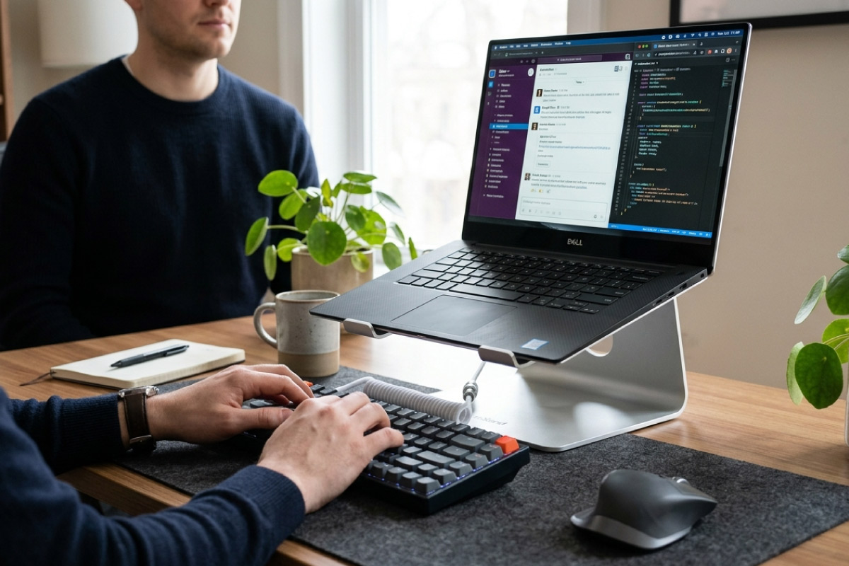 Hands typing on an external keyboard with a refurbished laptop raised on a stand at eye level