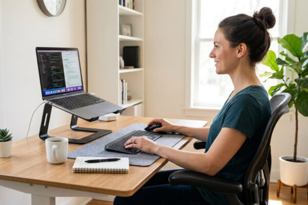 Woman working at an ergonomic desk setup with a refurbished laptop on a riser, external keyboard and mouse