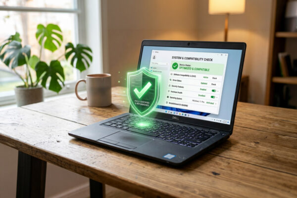 Laptop showing a Windows 11 compatibility check result with a green shield on the screen