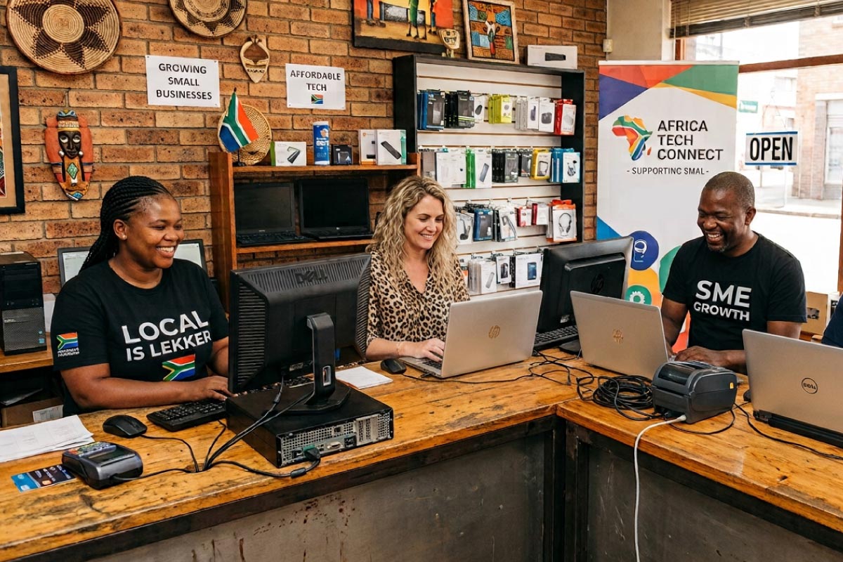 Small business team working on refurbished laptops and desktops in a South African office