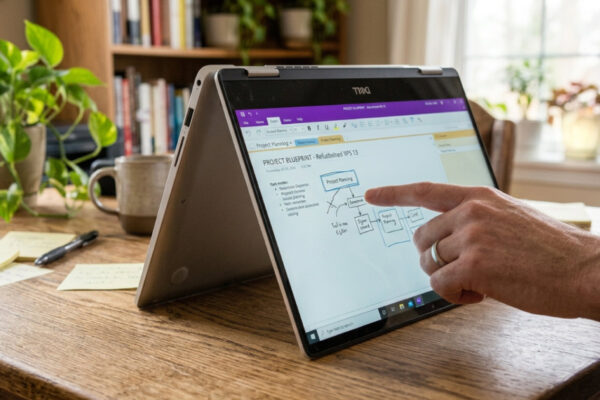 Refurbished touchscreen laptop in tent mode with a hand annotating a project diagram on screen
