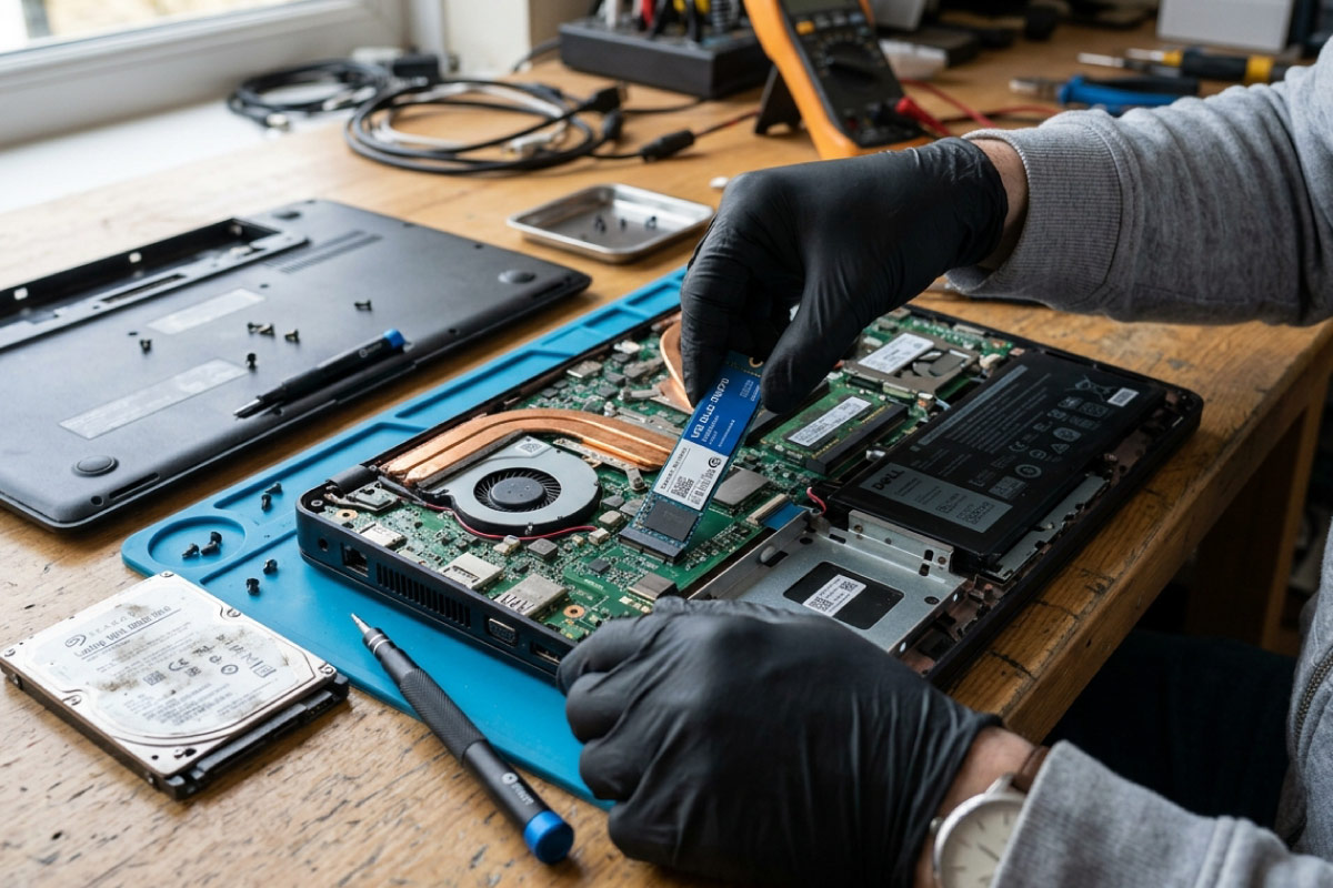 Technician in gloves fitting an M.2 SSD upgrade into an opened refurbished laptop