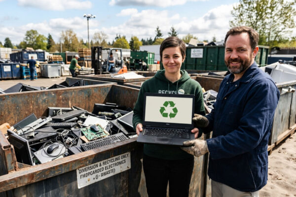 Two recycling workers holding a refurbished laptop showing a recycling symbol beside a bin of e-waste