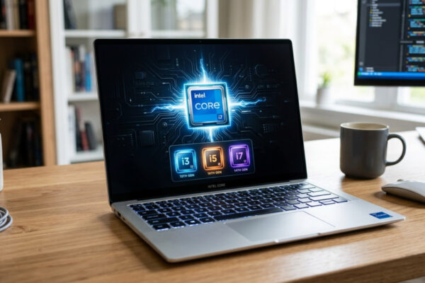 Refurbished laptop screen displaying Intel Core i3, i5 and i7 processor badges over a circuit board graphic