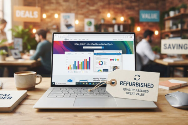Refurbished laptop showing an online deals page next to a quality assured refurbished hang tag