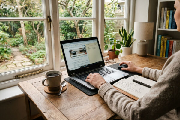 Person working remotely on a refurbished laptop at a desk beside a sunlit garden window